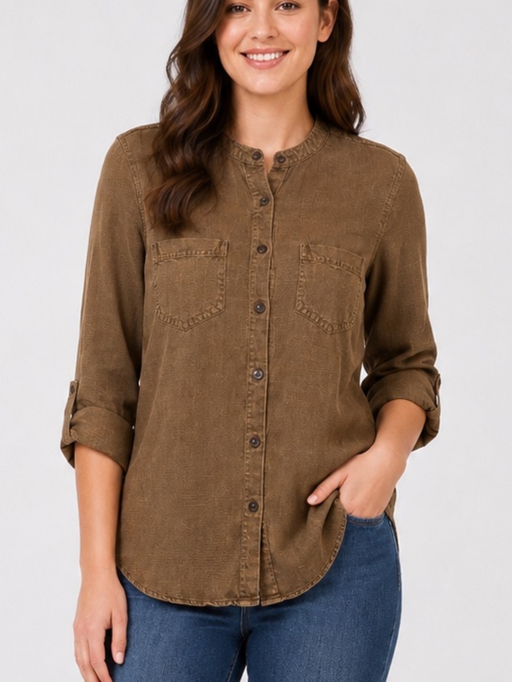 C&C California Linen Lyocell Shirt Womens S Brown Roll Tab Sleeve Button Front